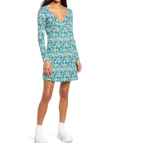 Nordstrom BP Women’s Green Floral Long Sleeve Fit & Flare Dress Size S - Picture 1 of 12